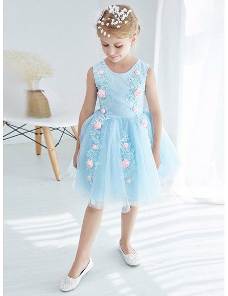 Little Girl's Blue Lace Flowers Pageant Dress in Knee Length