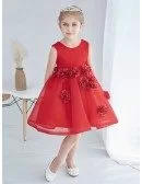 Hot Red Short Tulle Flower Girl Dress with Hand-made Flowers