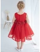 Hot Red Short Tulle Flower Girl Dress with Hand-made Flowers
