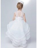 High Low Layered Lace White Flower Girl Dress with Hole Back