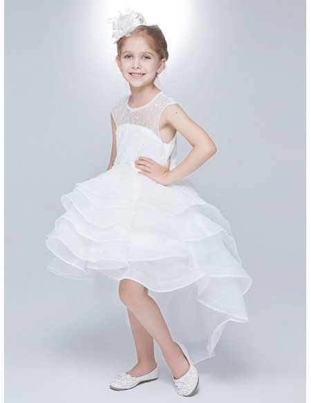 High Low Layered Lace White Flower Girl Dress with Hole Back