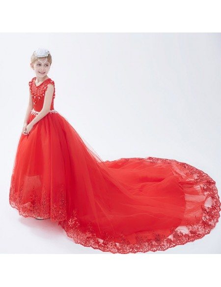 Long Train Red Lace Girl's Pageant Dress with Crystals