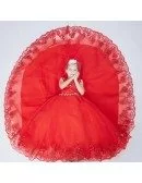 Long Train Red Lace Girl's Pageant Dress with Crystals