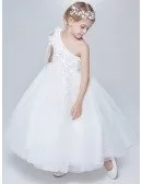 One Shoulder White Tulle Ball Gown Flower Girl Dress