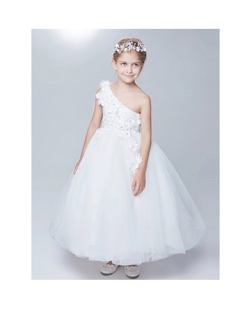 One Shoulder White Tulle Ball Gown Flower Girl Dress #EFA10 - GemGrace.com