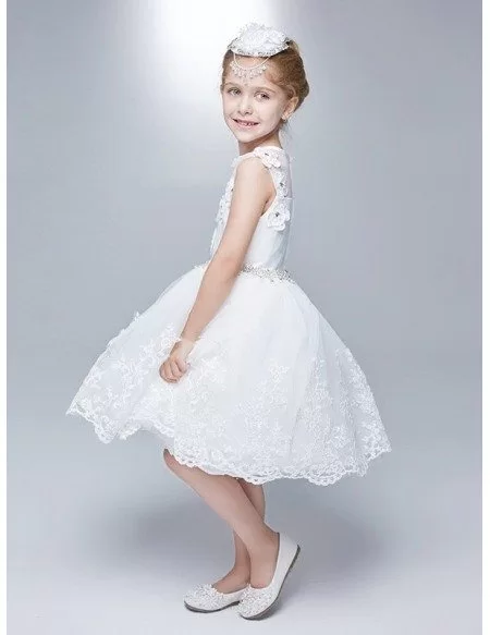 Rhinestones Short White Lace Bubble Flower Girl Dress