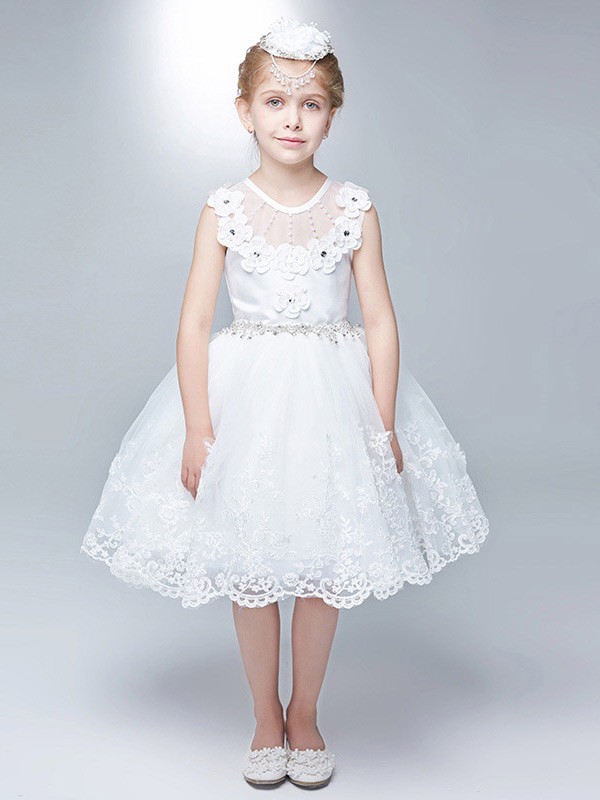 Rhinestones Short White Lace Bubble Flower Girl Dress #EFA11 - GemGrace.com