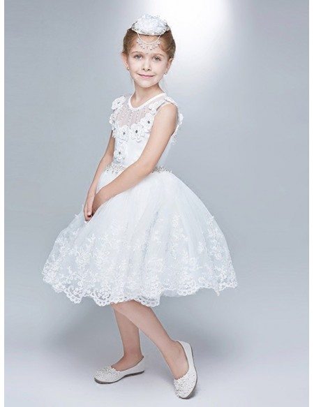 Rhinestones Short White Lace Bubble Flower Girl Dress