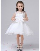 Simple White Short Lace Organza Flower Girl Dress with Bow