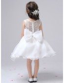 Simple White Short Lace Organza Flower Girl Dress with Bow
