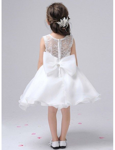 Simple White Short Lace Organza Flower Girl Dress with Bow #EFA12 ...