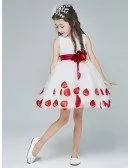 White with Red Petals Knee Length Flower Girl Dress with Sash