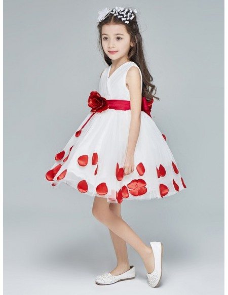White with Red Petals Knee Length Flower Girl Dress with Sash
