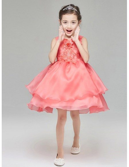 Two Layers Short Pink Taffeta Flower Girl Dress with Lace Beading