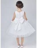 Short White Tulle Lace Beading Tutu Flower Girl Dress with Bow Back