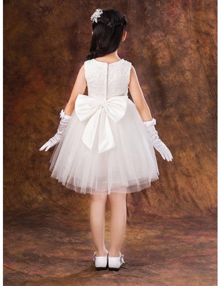 Short White Lace Tulle Tutu Pageant Dress with Bow Back