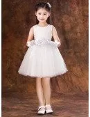 Short White Lace Tulle Tutu Pageant Dress with Bow Back
