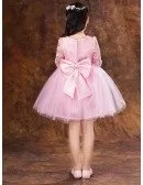 Short Pink Lace Sleeved Tutu Tulle Flower Girl Dress with Bow