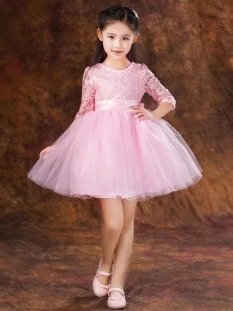 Short Pink Lace Sleeved Tutu Tulle Flower Girl Dress with Bow