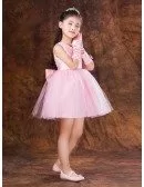 Short Pink Lace Tulle Flower Girl Dress with Bow
