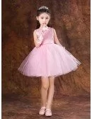 Short Pink Lace Tulle Flower Girl Dress with Bow