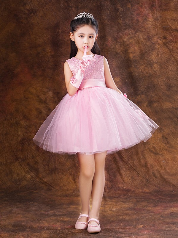 Short Pink Lace Tulle Flower Girl Dress with Bow #EFA22 - GemGrace.com