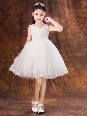 Knee Length White Lace Pageant Dress with Beaded Hem