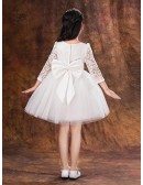 Short White Lace Sleeved Tulle Bow Flower Girl Dress