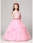 Cap Sleeve Ball Gown Pink Lace Crystal Flower Girl Dress in Floor Length