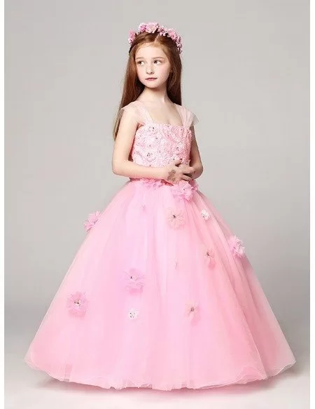 Cap Sleeve Ball Gown Pink Lace Crystal Flower Girl Dress in Floor Length