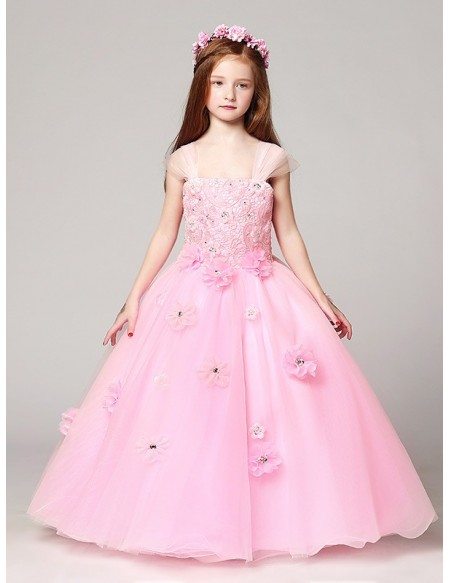 Cap Sleeve Ball Gown Pink Lace Crystal Flower Girl Dress in Floor ...