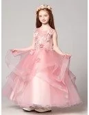 Long Ruffled Ball Gown Pink Lace Pageant Dress with Crystals