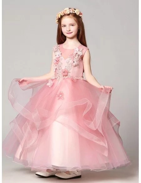 Long Ruffled Ball Gown Pink Lace Pageant Dress with Crystals #EFV03 ...