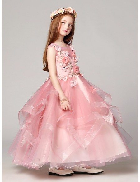 Long Ruffled Ball Gown Pink Lace Pageant Dress with Crystals