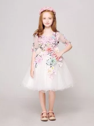 Short Sleeved Embroidery Tulle Pageant Dress with Colorful Flowers