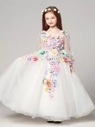 Long Sleeved Embroidery Ball Gown Flower Girl Dress with Colorful Floral