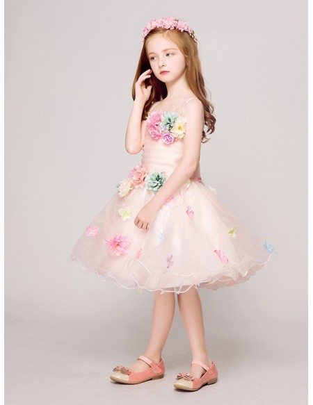 Colorful Flowers Short Tulle Pink Pageant Dress With Spaghetti Straps # 