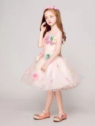 Colorful Flowers Short Tulle Pink Pageant Dress with Spaghetti Straps