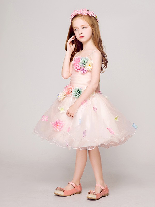 Colorful Flowers Short Tulle Pink Pageant Dress with Spaghetti Straps # ...