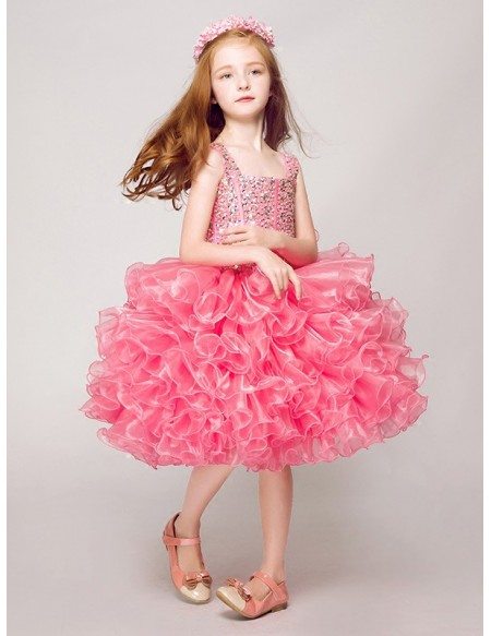 Sparkly Hot Pink Short Ruffled Crystals Pageant Dress