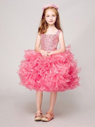 Sparkly Hot Pink Short Ruffled Crystals Pageant Dress