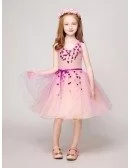 Sweetheart Short Pink Tulle Flower Girl Dress with Purple Floral