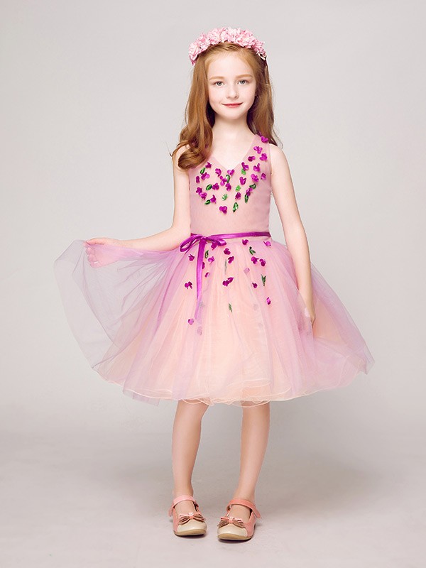 Sweetheart Short Pink Tulle Flower Girl Dress with Purple Floral #EFV09 ...