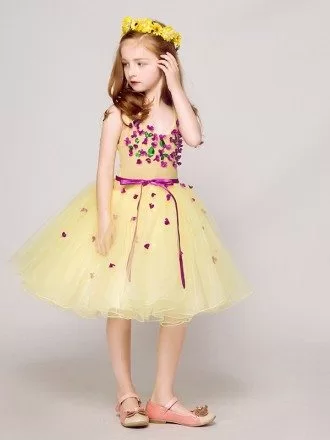 Sweetheart Short Yellow Tulle Pageant Dress with Purple Flowers