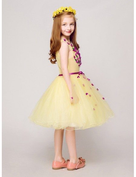 Sweetheart Short Yellow Tulle Pageant Dress with Purple Flowers