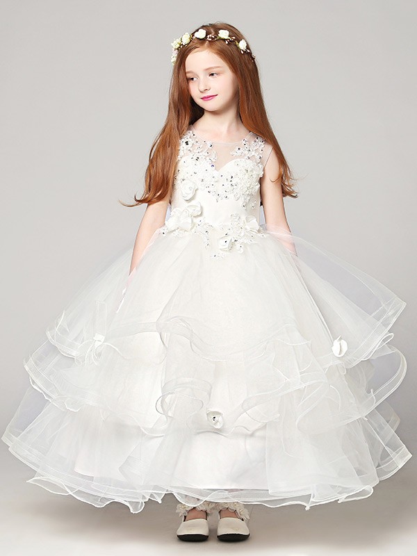 Ball Gown Long Ruffle Tulle Lace Flower Girl Dress with Beading #EFV11 ...