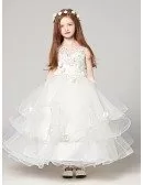 Ball Gown Long Ruffle Tulle Lace Flower Girl Dress with Beading