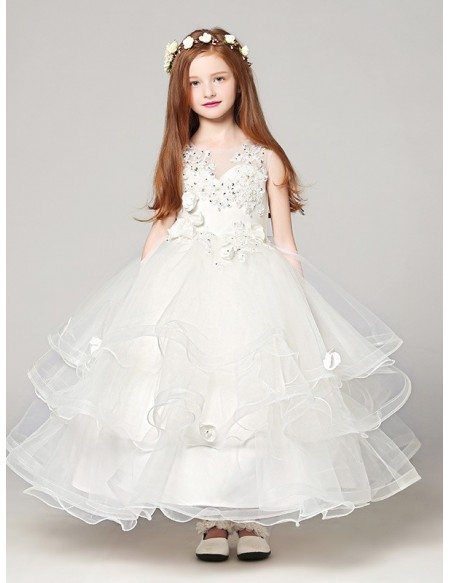 Ball Gown Long Ruffle Tulle Lace Flower Girl Dress with Beading