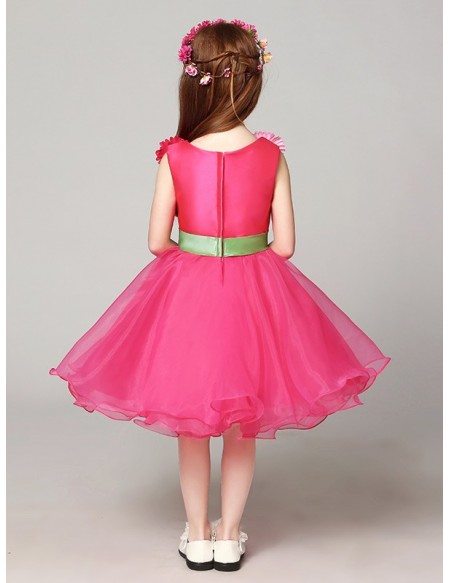 A Line Short Fuchsia Organza Pageant Dress with Hand-made Flowers