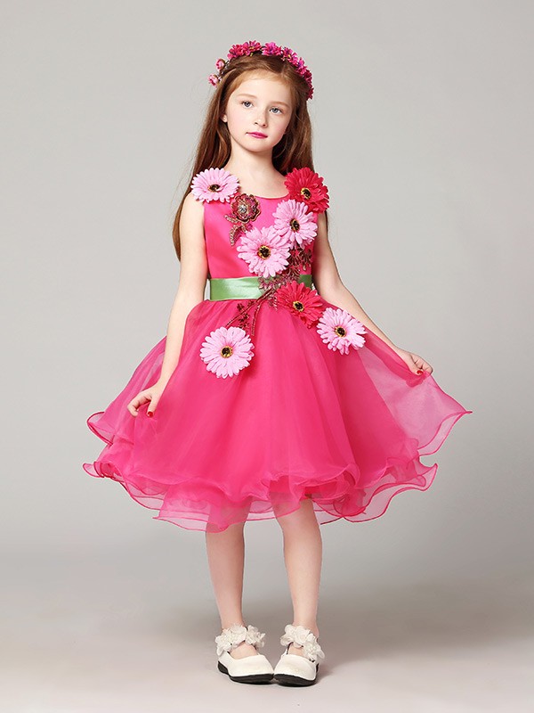 A Line Short Fuchsia Organza Pageant Dress with Hand-made Flowers # ...